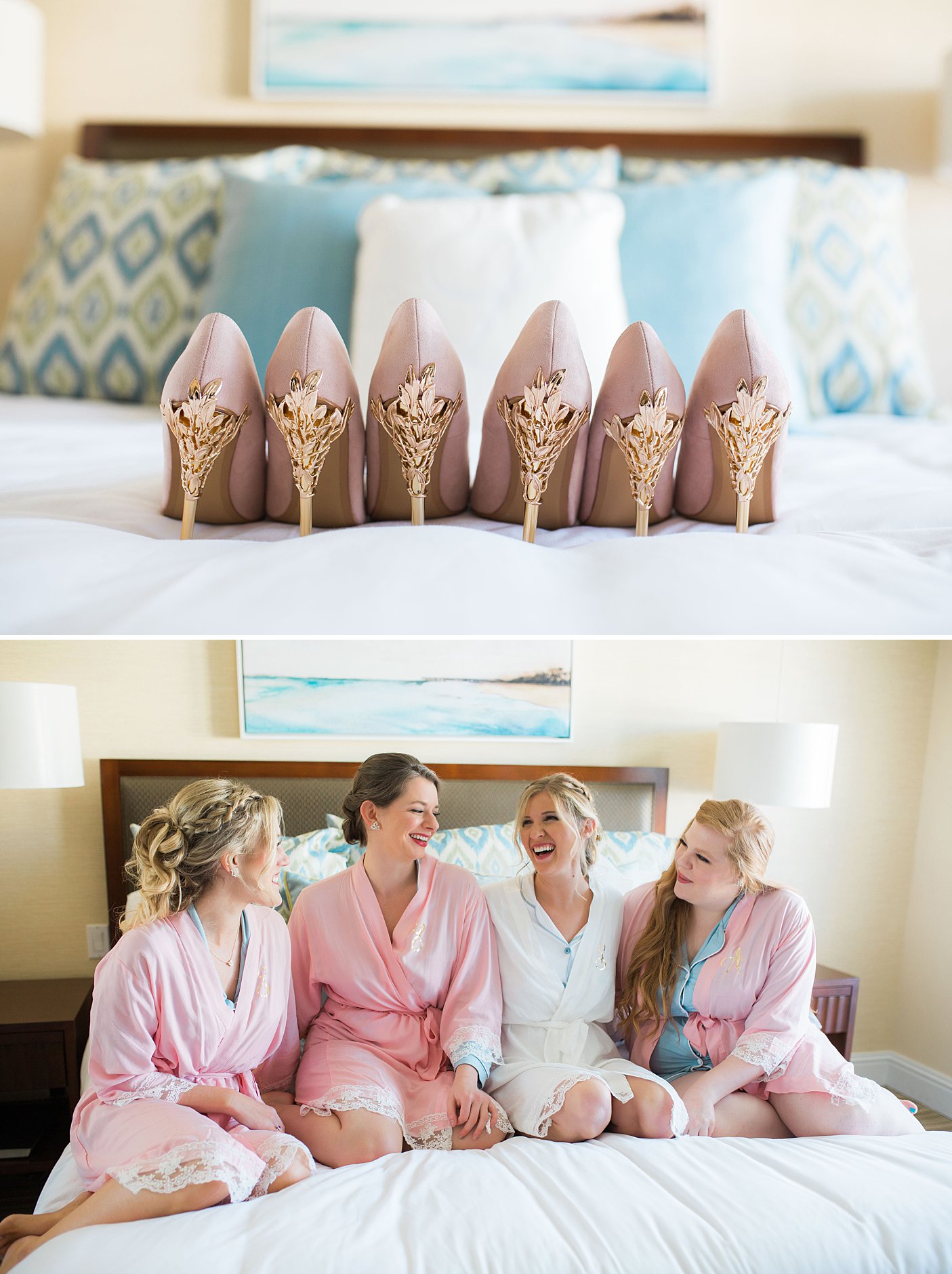 L'Auberge Del Mar Wedding. Getting ready in the room. Bride and her bridesmaids. Shoes details on the bed. 