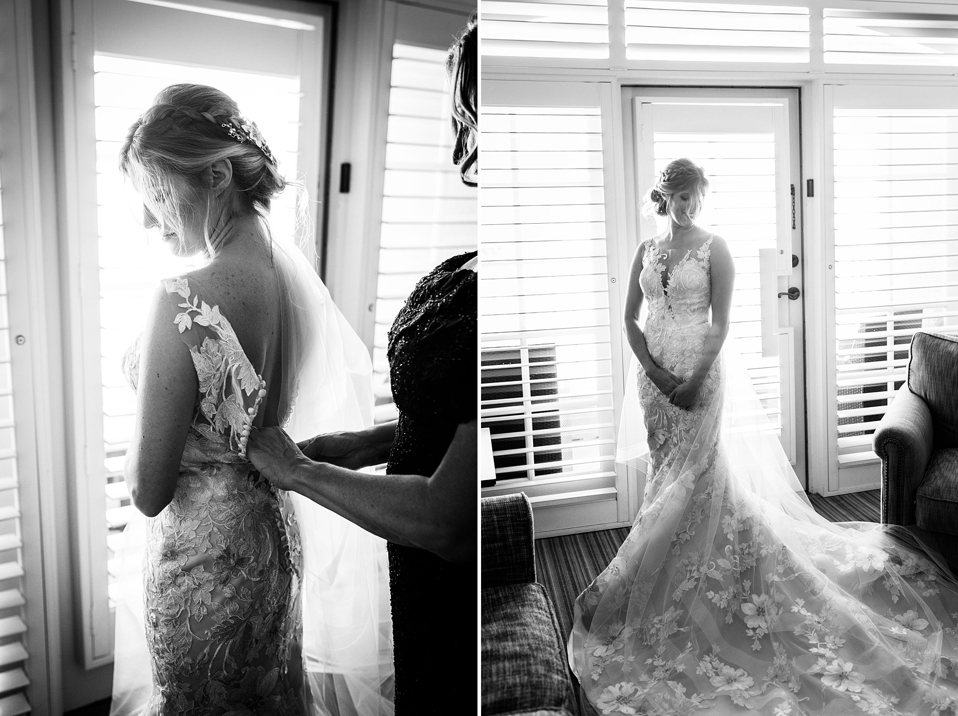 Bride getting ready in her room at L'Auberge Del Mar. Gorgeous lacy dress, zip up by her mom.
