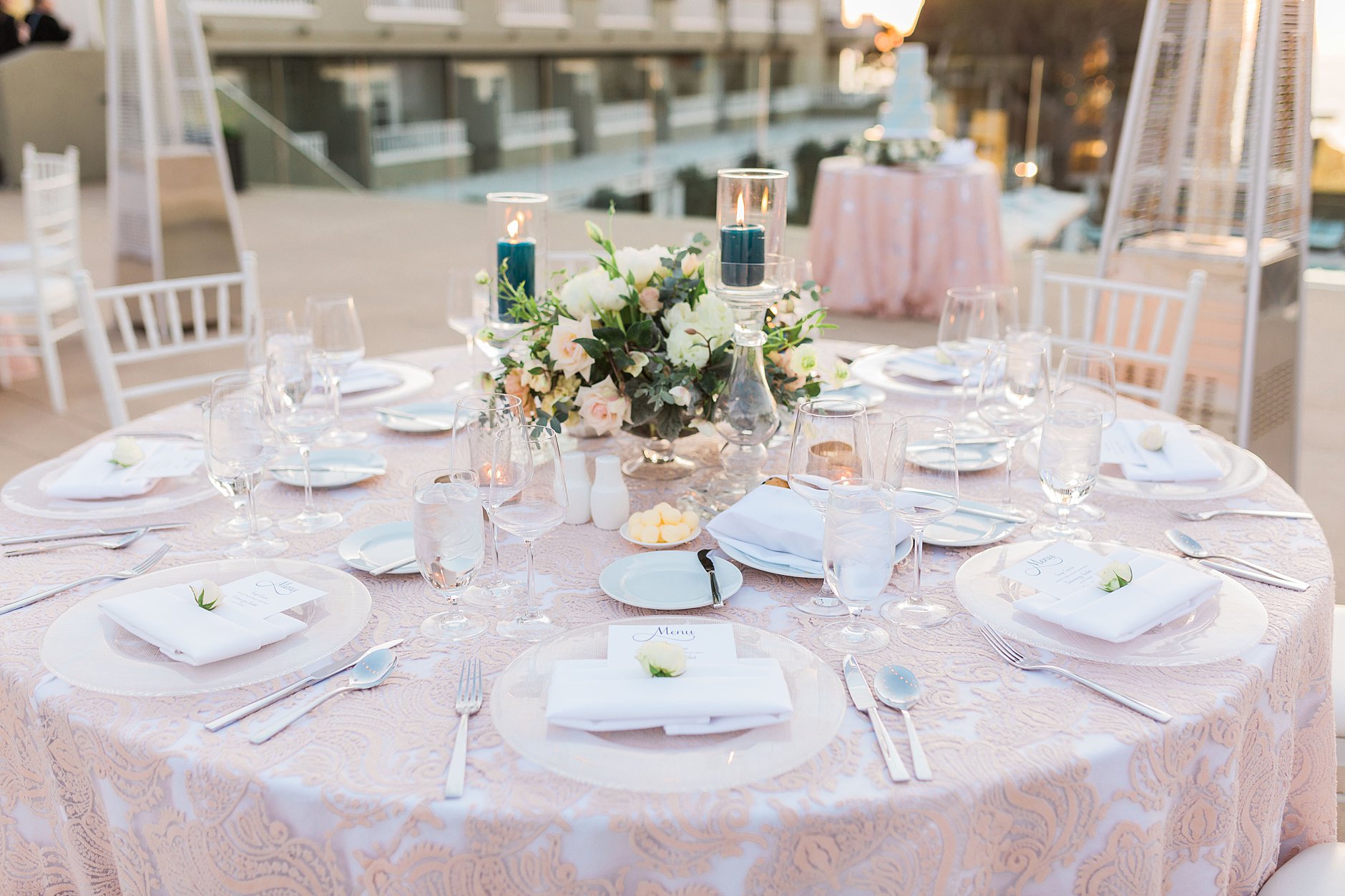 Reception details. L'Auberge Del Mar Pink lacy table cloth. Dream reception 