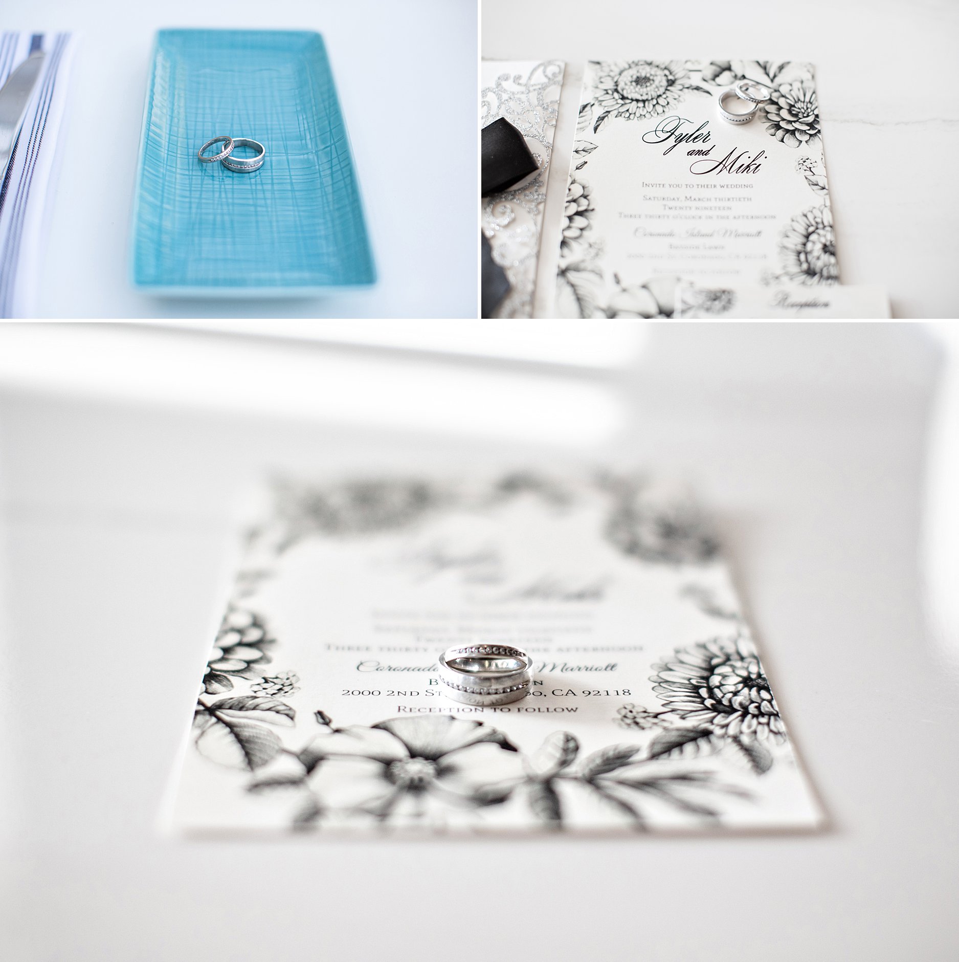 Wedding invitation and wedding ring close up. 