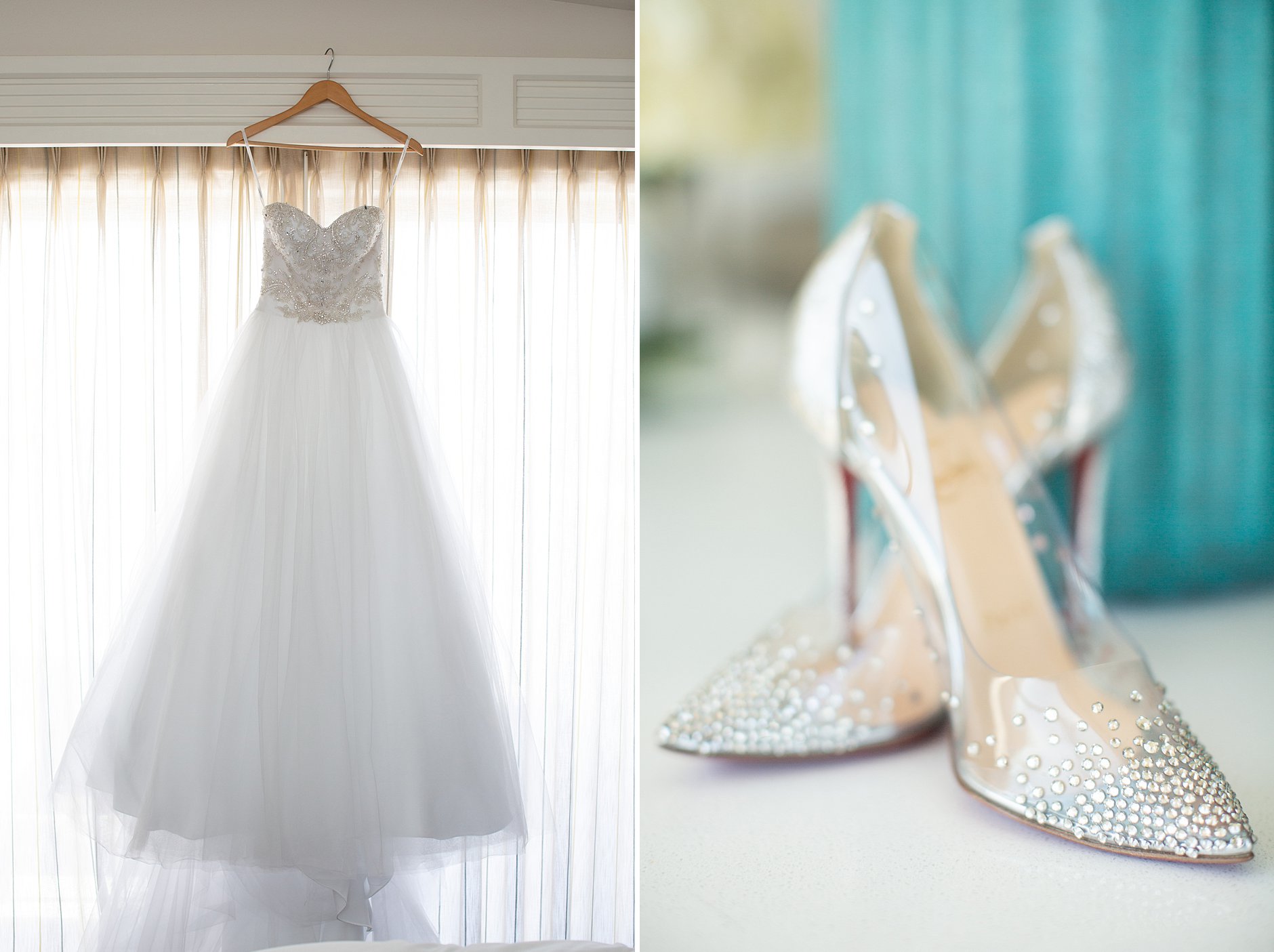 Coronado Marriott Wedding photography. Wedding dress and shoes close up.