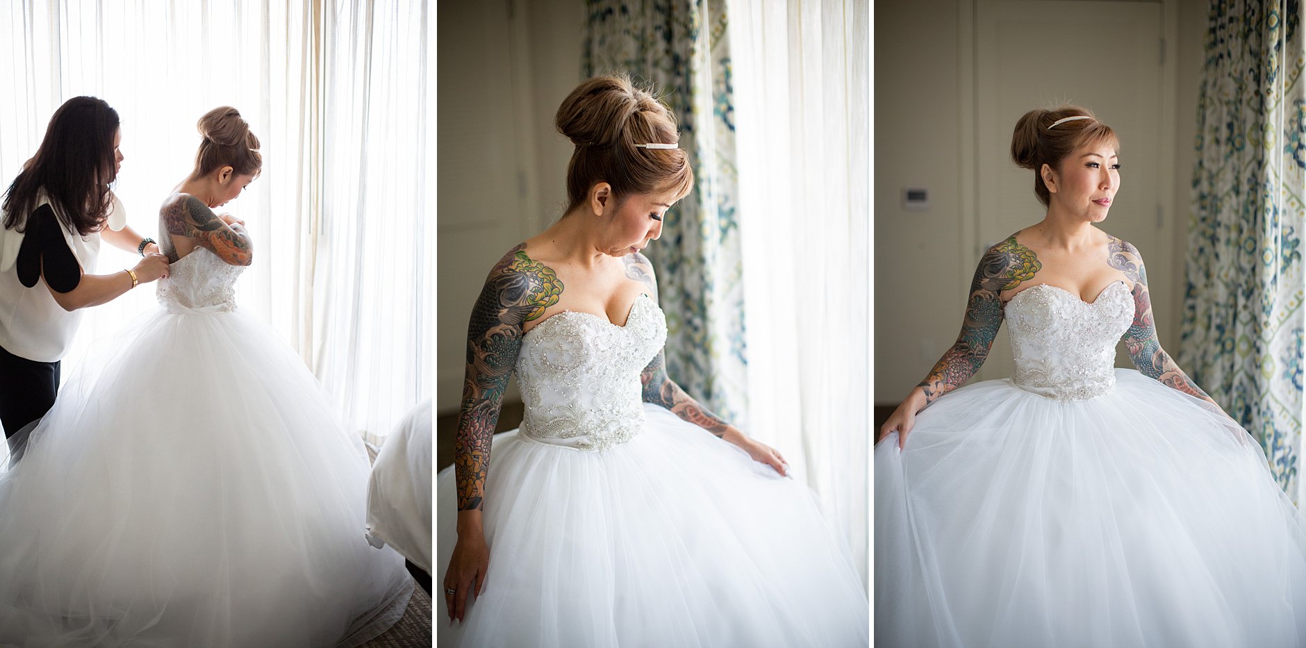 Japanese bride with tattoos. Beautiful bride getting ready in the room. Coronado Island Marriott Resort & Spa