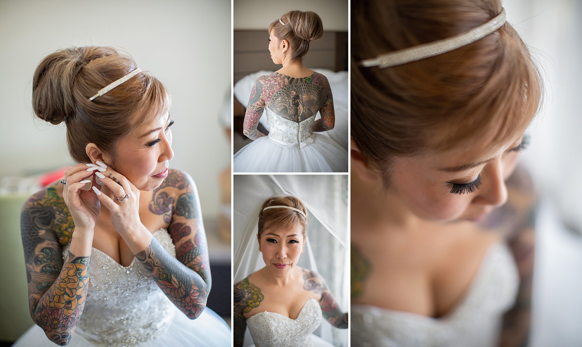 Japanese tattoos on her shoulder. Bride is getting ready in the room at Coronado Island Marriott Resort & Spa.