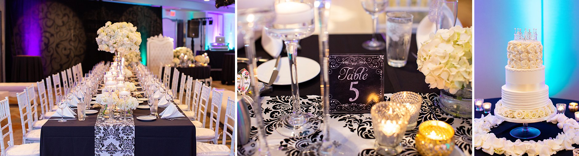 Coronado Island Marriott Resort & Spa Reception details. Gorgeous white flower arrangement center piece. Black and white decor. Wedding cake.