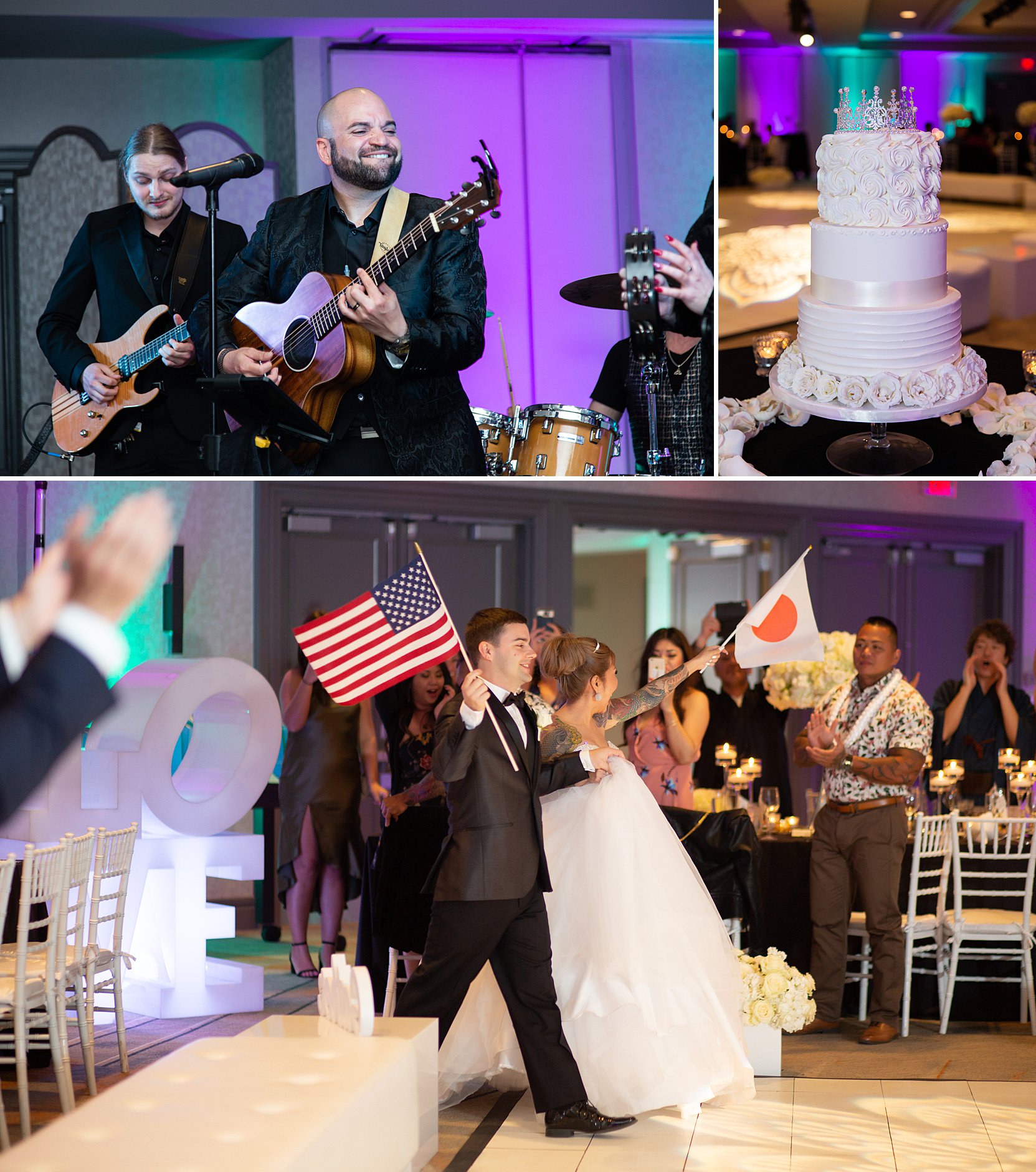 Japan and USA flags. Wedding reception entrance. Happy couple greeting their guest.