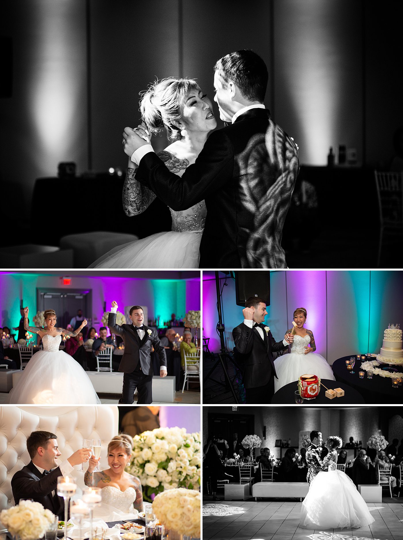 First dance black and white photography. Unique reception lighting resembles henna and Japanese tattoos. 