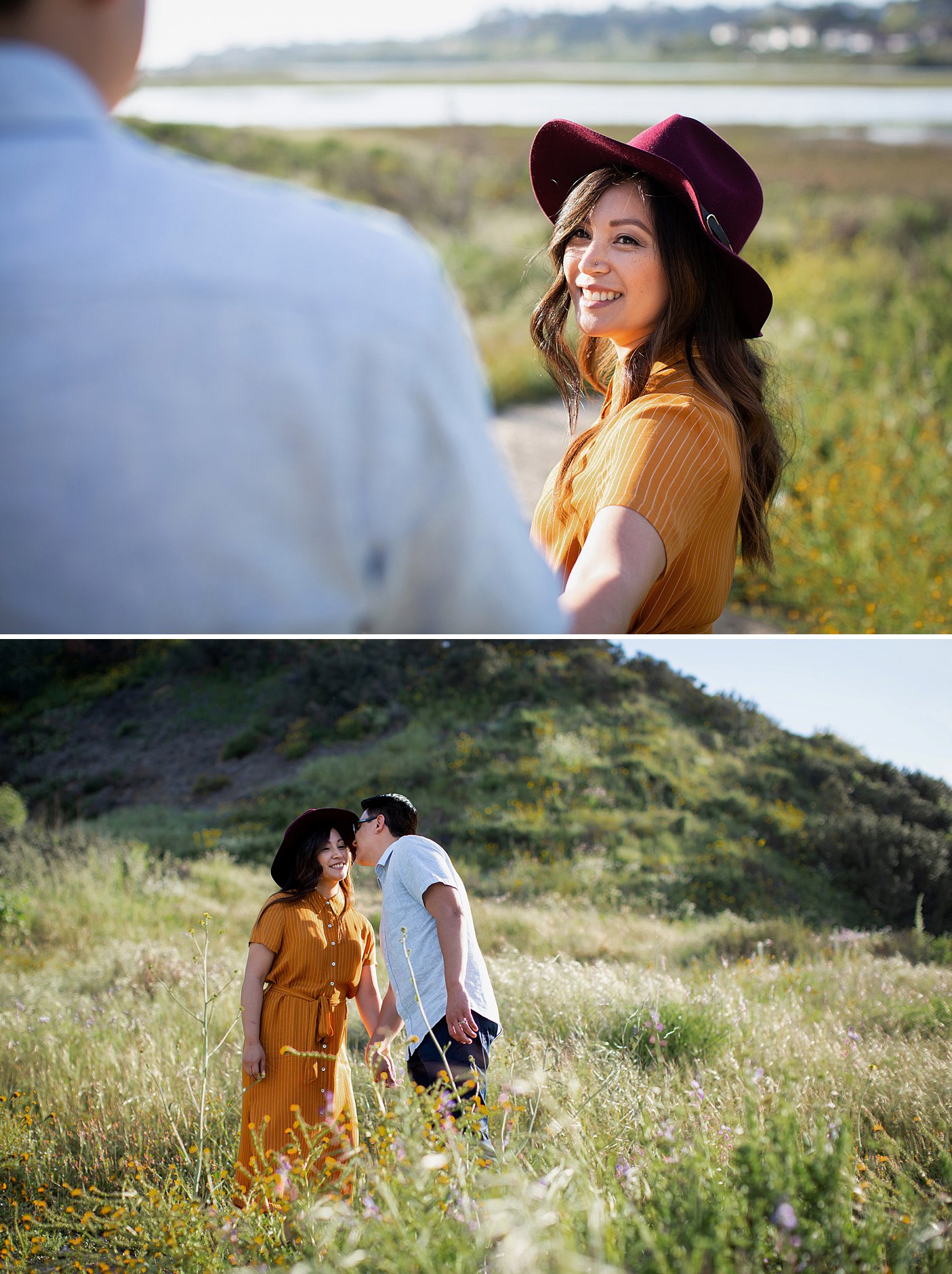couples photography in an open field and a hat