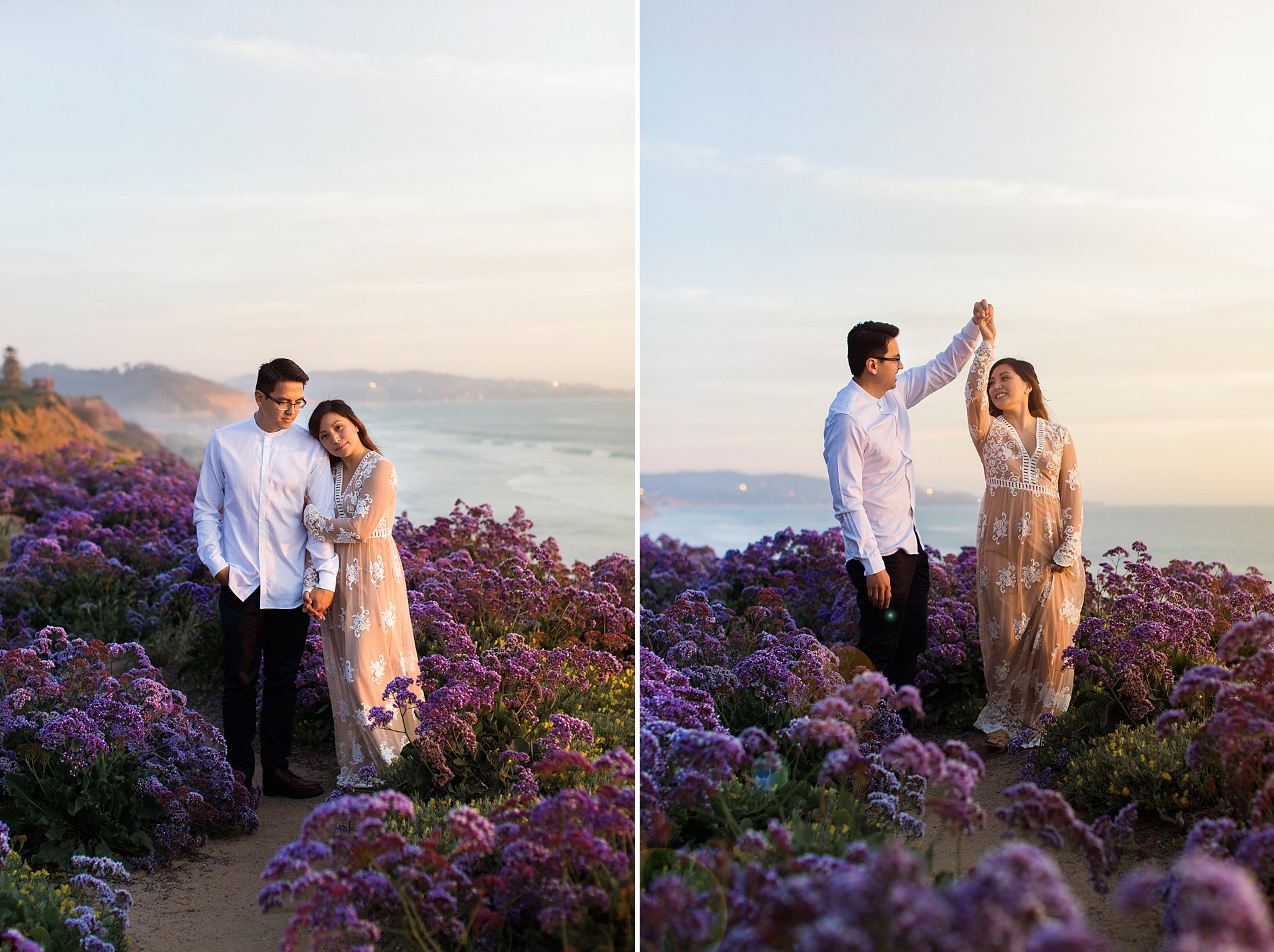 Sunset engagement session with purple flowers everywhere. Del Mar cliff with an ocean backdrop.
