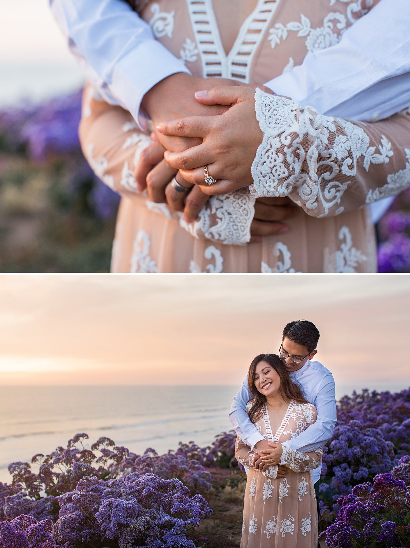 Sunset engagement session at the cliff. Purple flowers everywhere. Beautiful engagement ring.