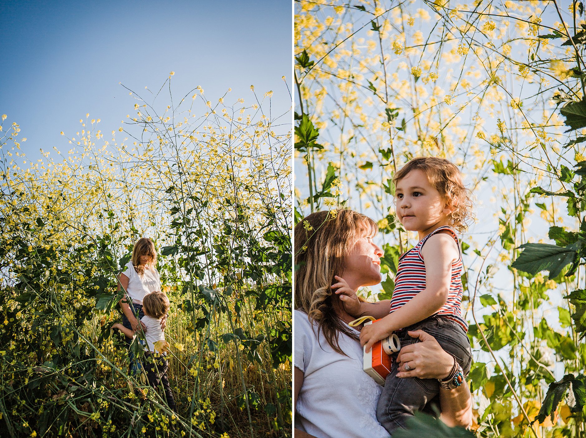 Mother and child in the yellow mustard flower field