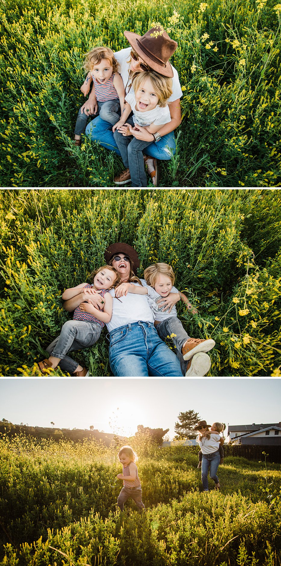 Golden hour sunset family photo, mother and sons running, documentary style family photo