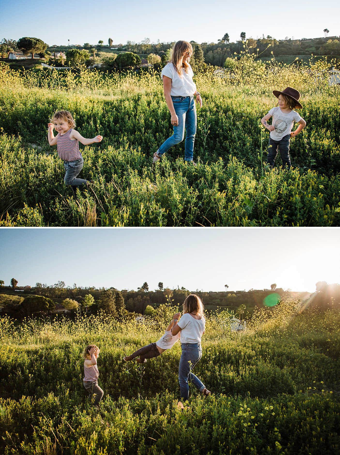 Playful photo session, San Diego, spring, tall green grass