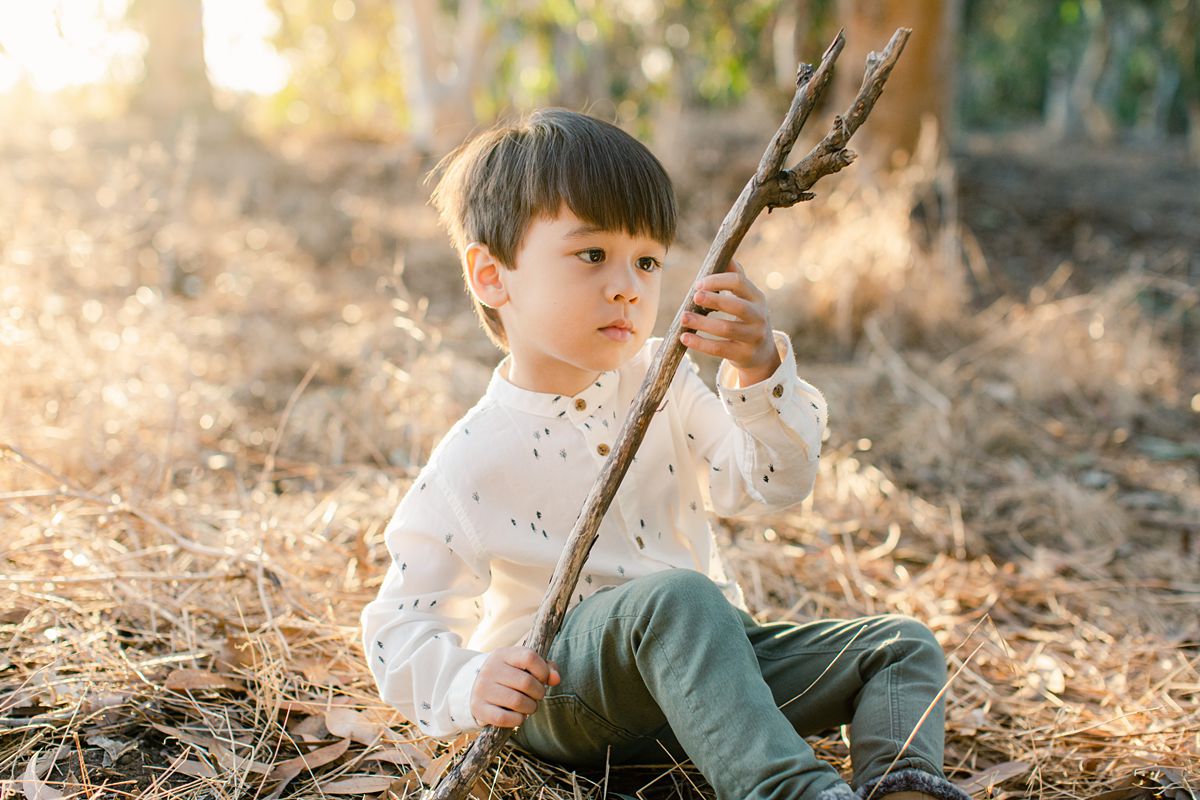 A boy looking at a stick.