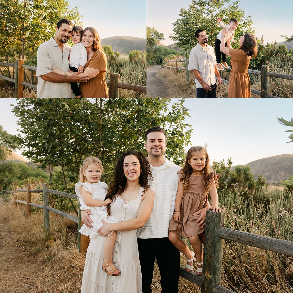 Family portrait at Mission Trails with grandparents, parents, and children during sunset.