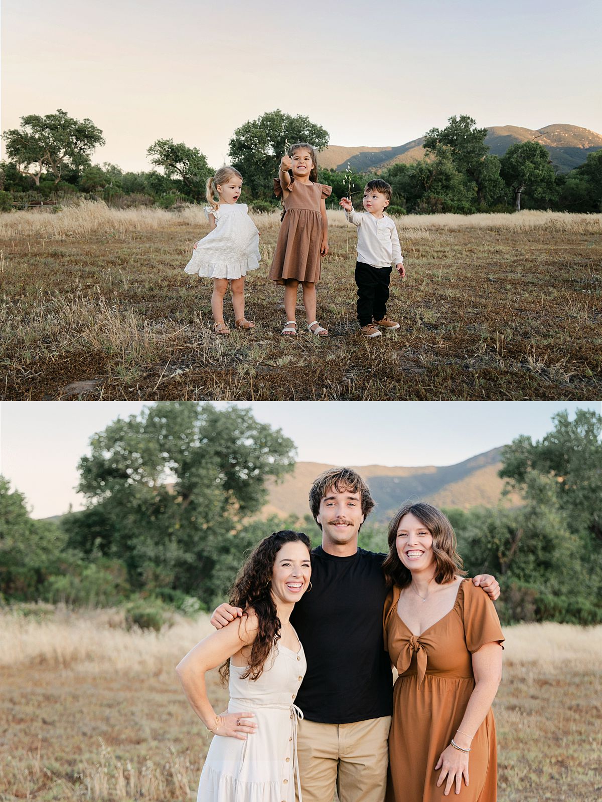 Family portrait at Mission Trails with grandparents, parents, and children during sunset.