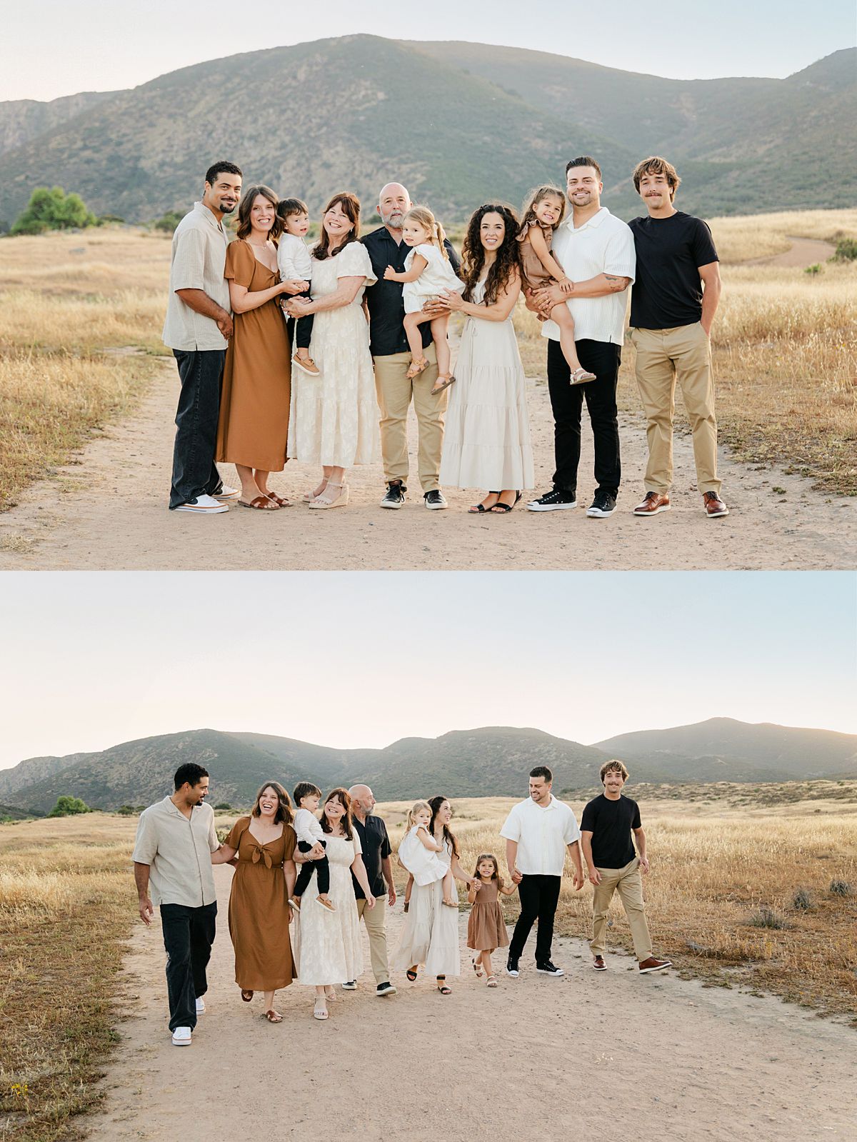 Extended family portrait at Mission Trails with grandparents, parents, and children during sunset.